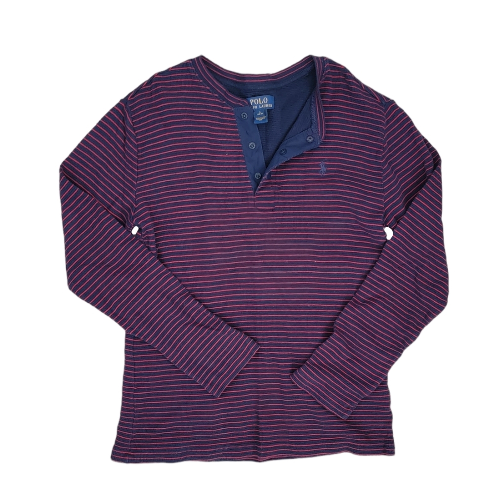 Boy's Polo Ralph Lauren Red & Navy Blue Striped Henley Size Large